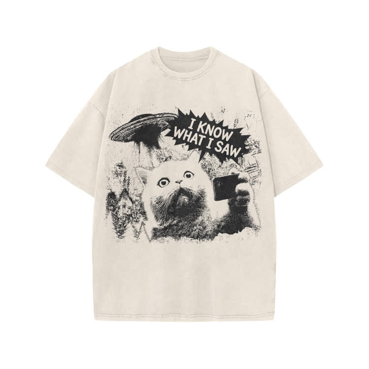 Sci Fi UFO Cat Graphic Washed T-Shirt