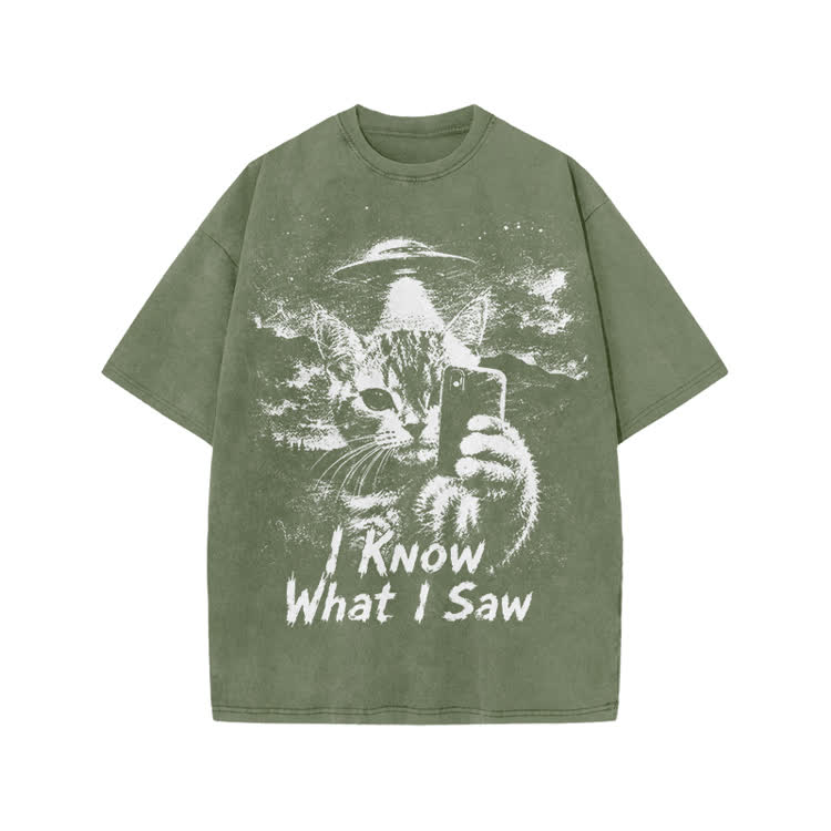 I Know What I Saw Cat Print Washed T-Shirt