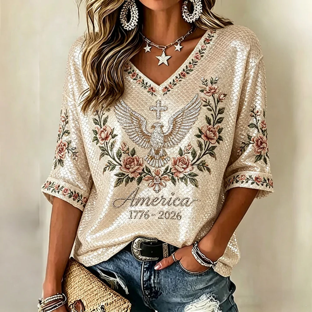 Women's Retro Independence Day Floral & Eagle Sequin Art Color Block Cotton Linen Casual V-neck Short Sleeve Top