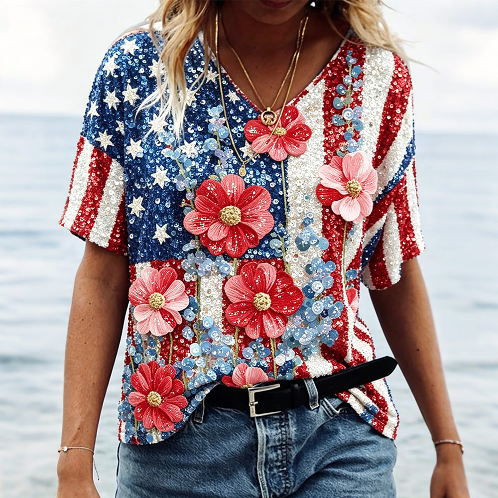 Usa Glitter Flag With Flowers Art V Neck Comfy T Shirt
