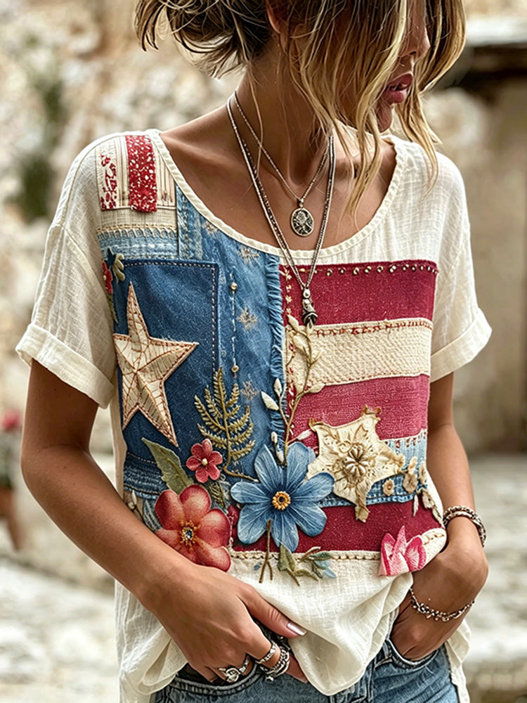 Women's Vintage Floral Patchwork Art Print Linen Blend T-shirt