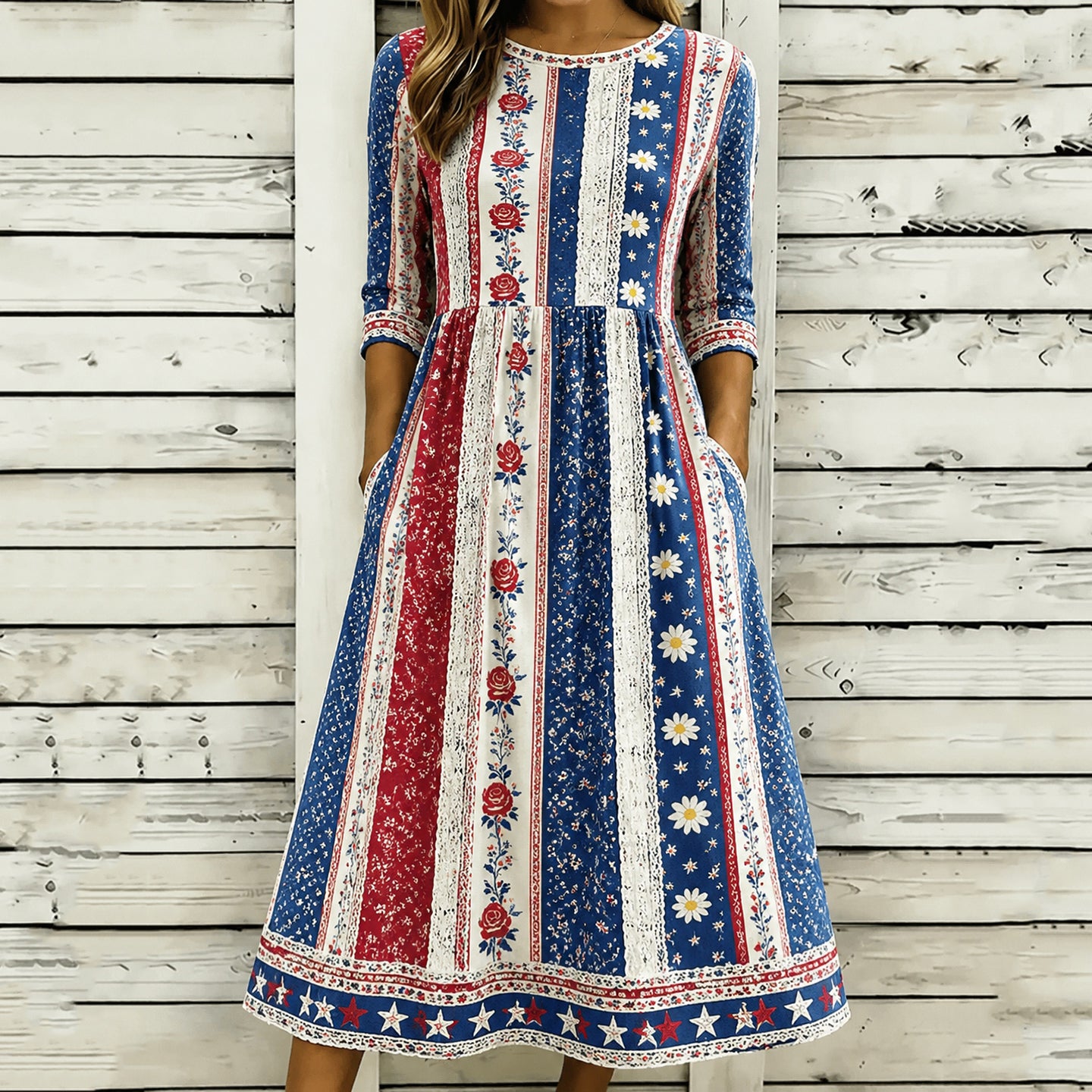 Women's American Floral Contrast Print Patchwork Casual Dress