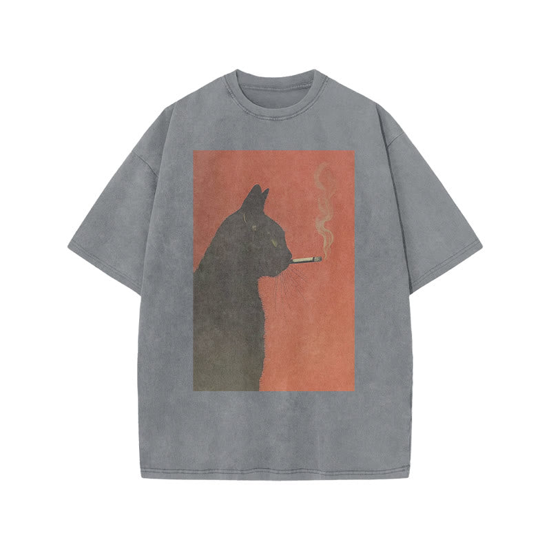 Cool Smoking Black Cat Print Acid Washed T-shirt