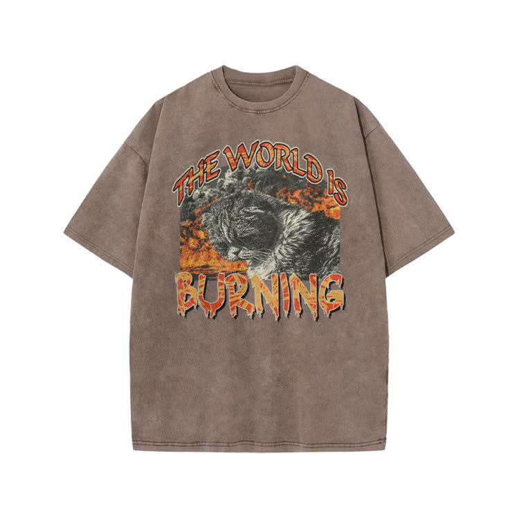 Punk Inspired Burning Cat Graphic Print Acid Washed T-shirt
