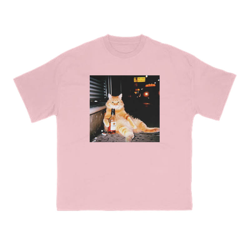 Orange Cat Sipping Beer Print T-shirt