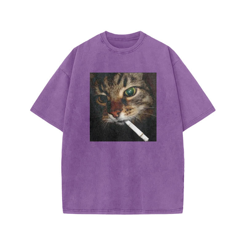 Unisex Cat With Cigarette In Mouth Print Acid Washed T-shirt