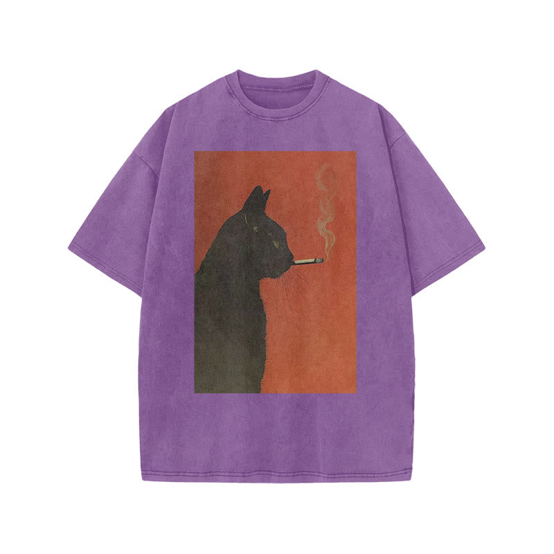 Cool Smoking Black Cat Print Acid Washed T-shirt