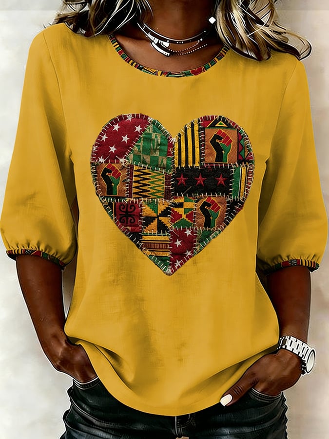 Women's Black Power Heart Print Round Neck Shirt