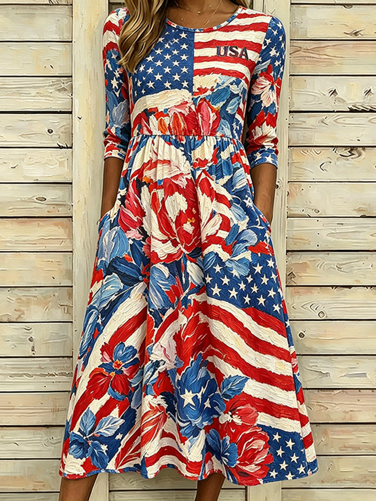 Women's American Anniversary Oil Painting Design Print Dress