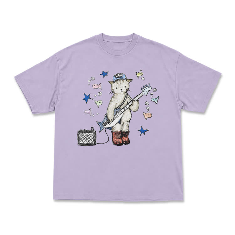 Artistic Star and Fish Guitar Cat Illustration T-Shirt