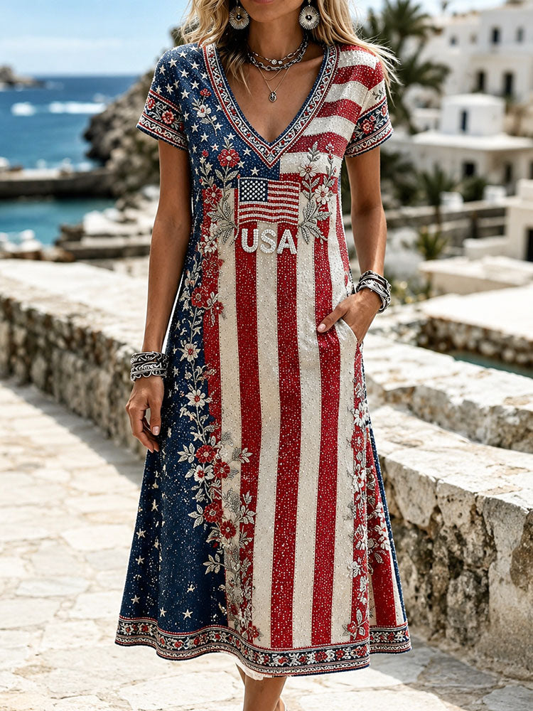 Women's America Hot Drill Floral Contrasting Colors Art Print Casual Dress