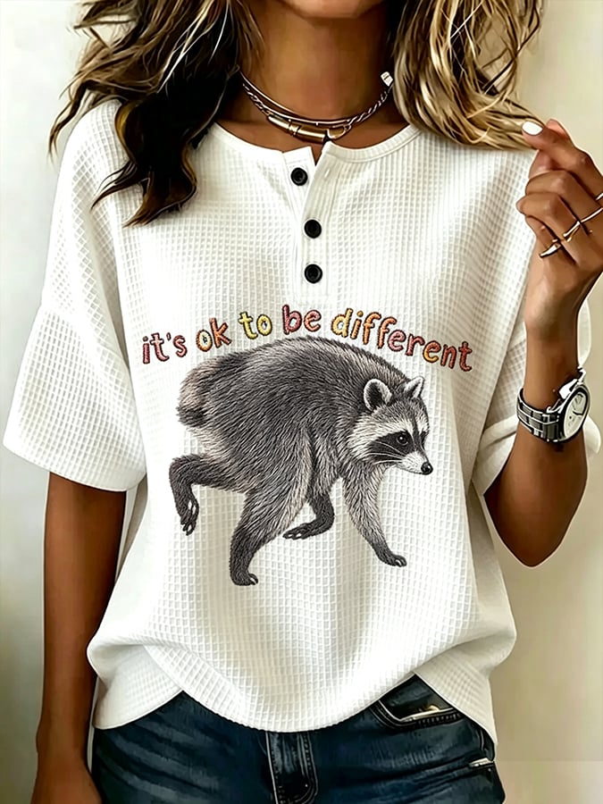 Women's Jimothy Raccoon Seattle Printing Waffle Short Sleeved Shirt