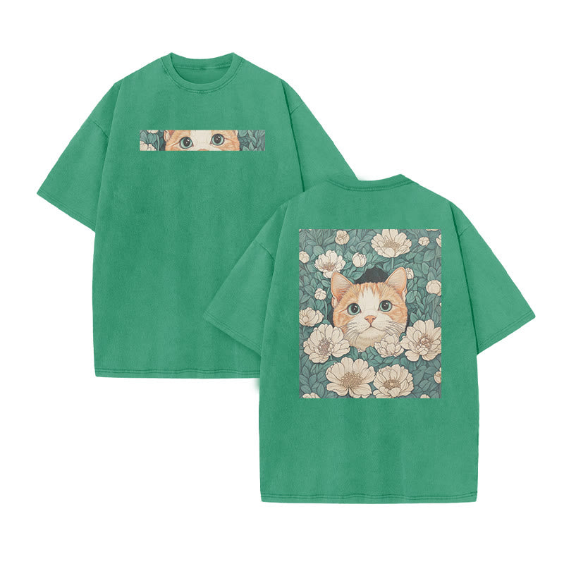 A Black Cat Hidden Among Clusters Of White Flowers Print Acid Washed T-shirt