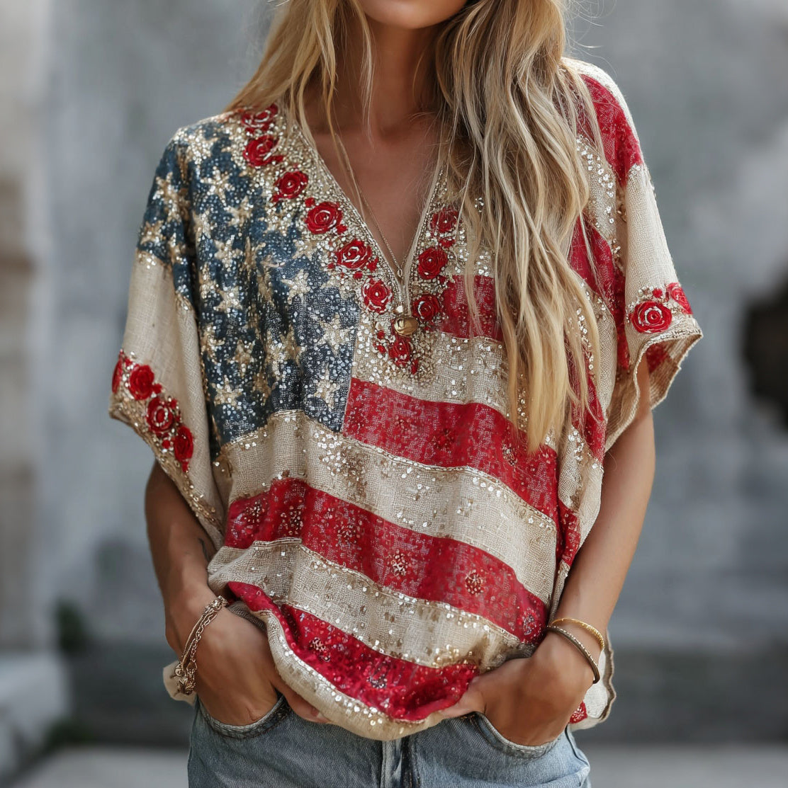 Women's Floral Flag Embroidered Print V-neck Linen T-shirt