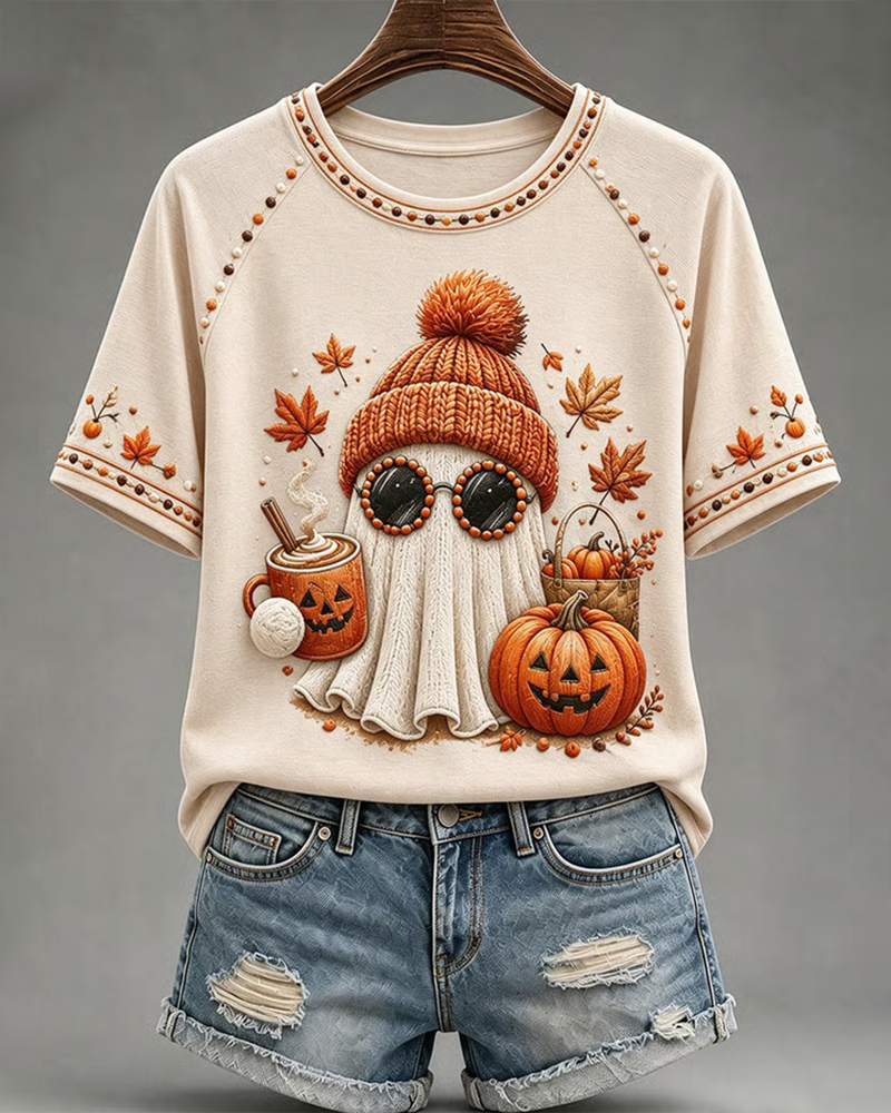 Women's Cute Halloween Ghost Pumpkin T-Shirt