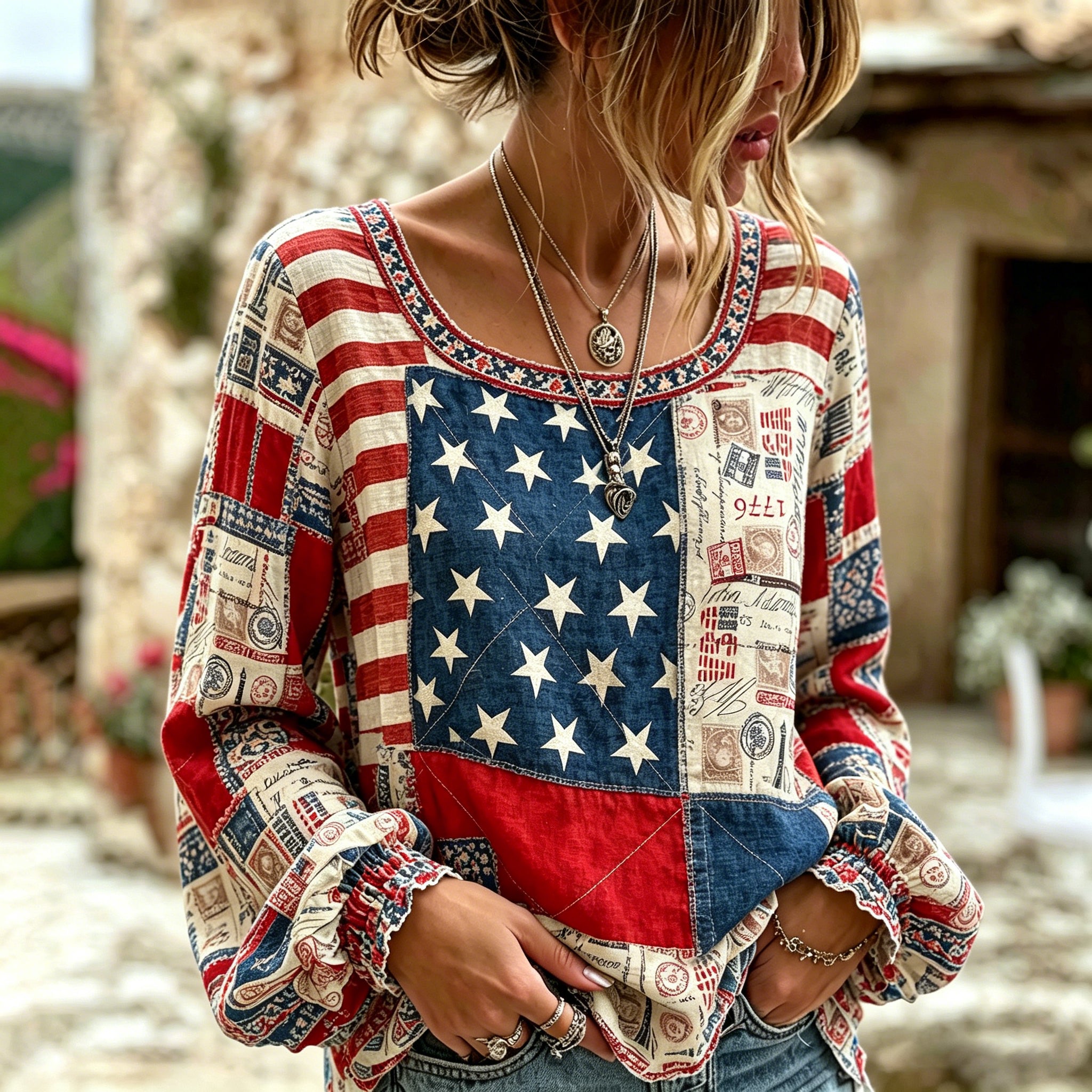 Women's Vintage Flag Plaid Patchwork Art Linen Blend Casual  Tops