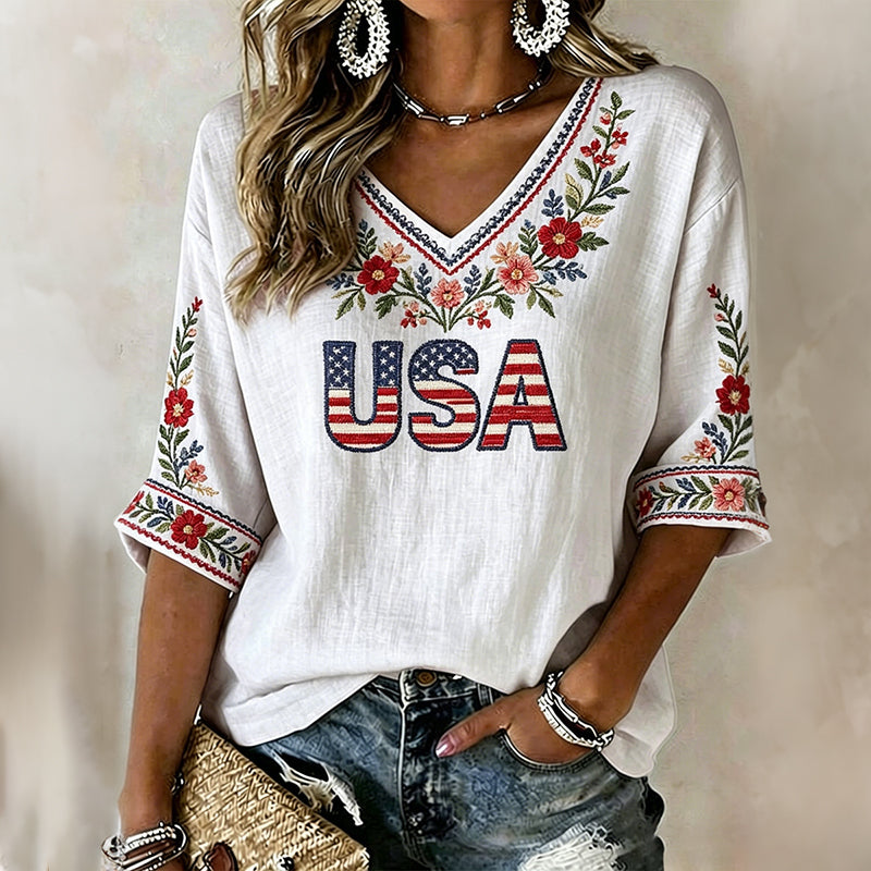 Women's Vintage Usa Anniversary Floral Art Casual V Neck T Shirt