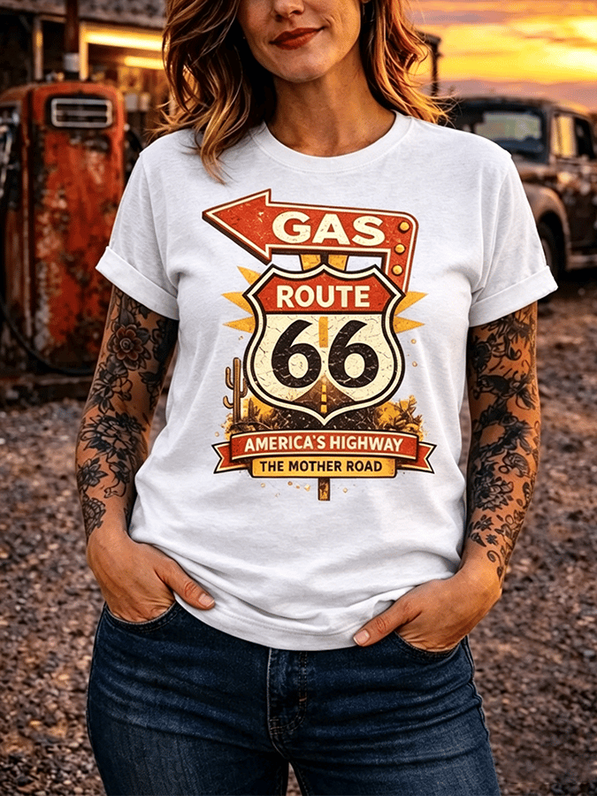 Women's Retro Short-Sleeve Cotton T-Shirt - Route 66, The Mother Road