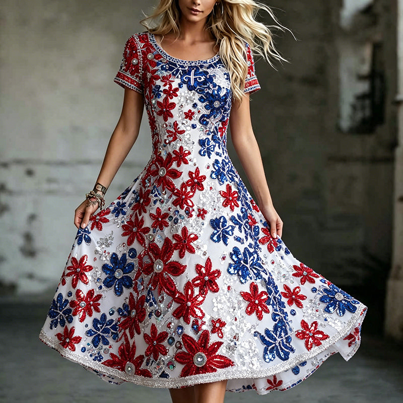 Women's Retro Independence Day Themed Casual Round Neck Dress