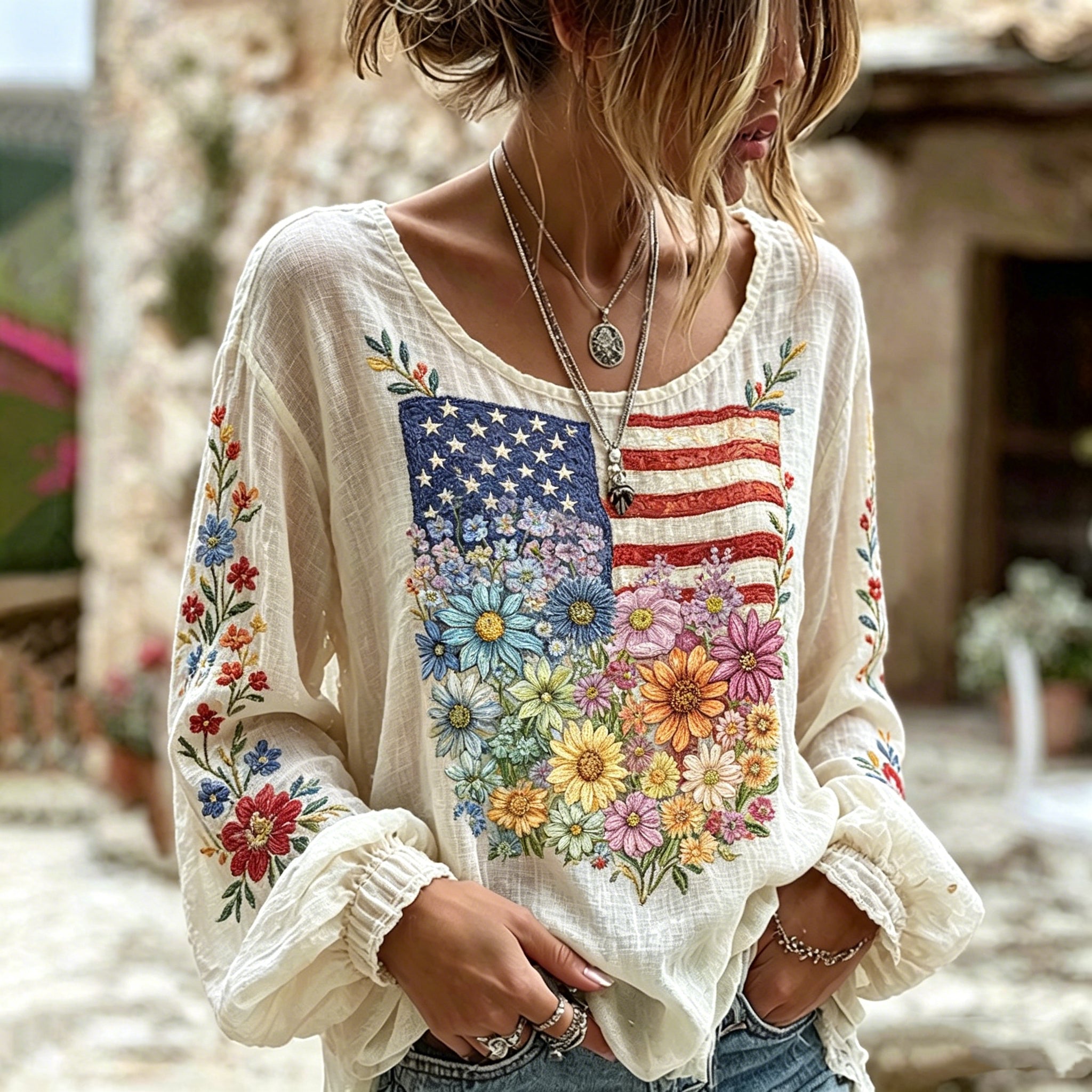 Women's Vintage Boho Floral Patchwork Art Print Linen Blend T-shirt
