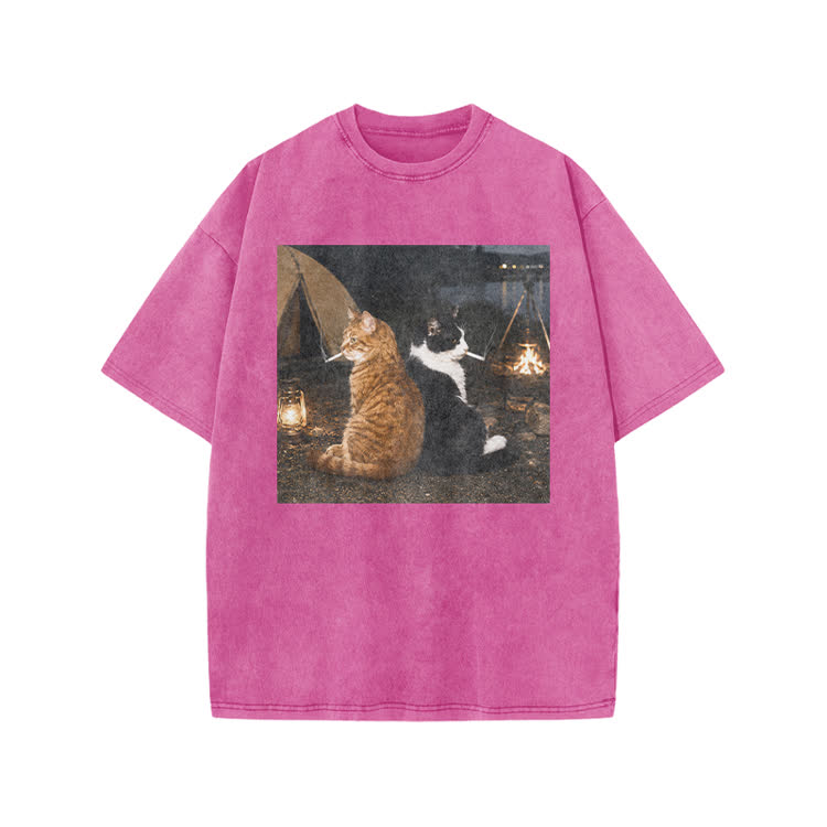 Vintage Camping Cats Graphic Print Acid Washed T-shirt