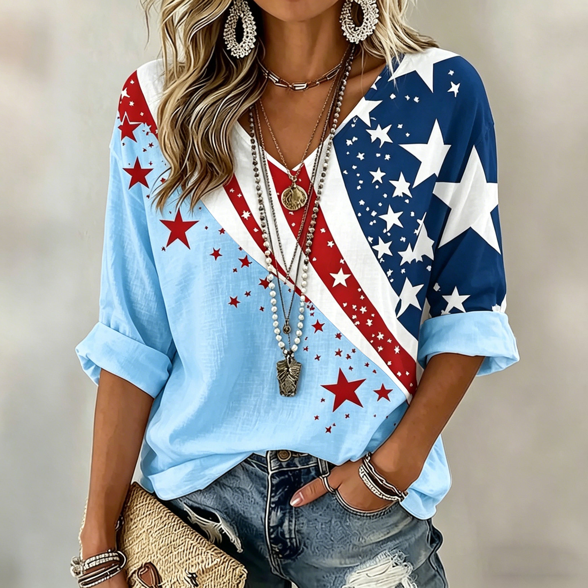 Women's  Flag Art Three-quarter Sleeve V Neck Linen Tops