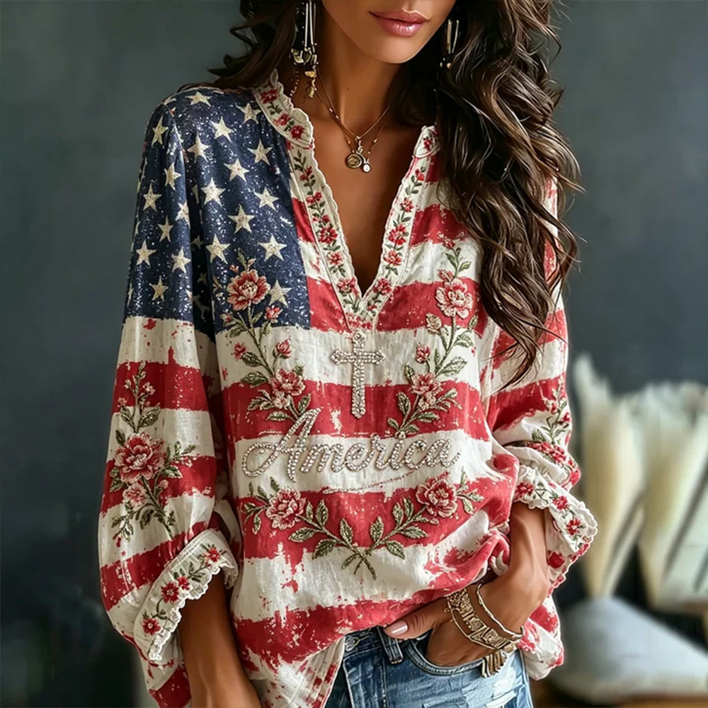 Women's Distressed American Flag And Floral Art Embroidered Rhinestone Comfortable Cotton Linen Casual V-neck Long Sleeve Top
