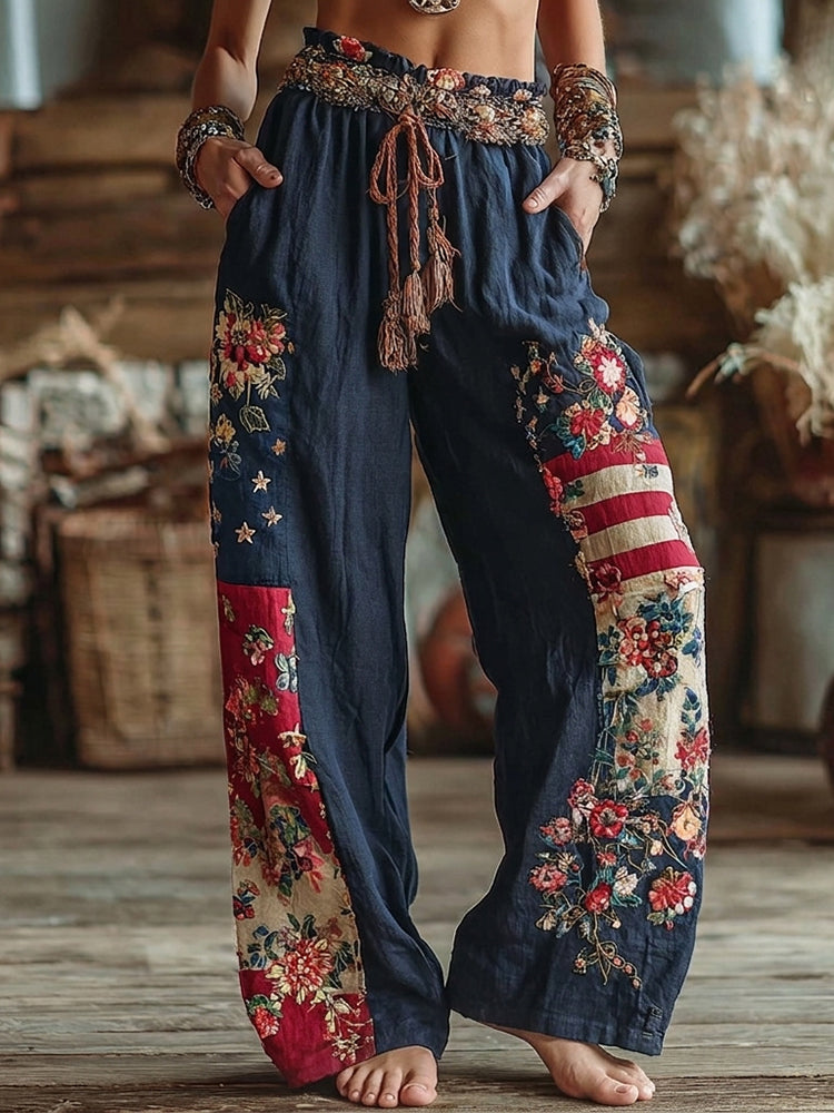 Women's Floral Patchwork Art Print Casual Pants