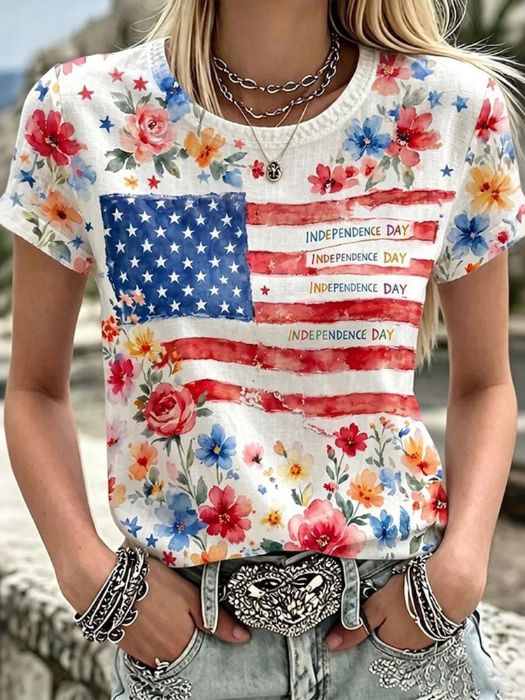 Women's Flag Flower Art Print Crew Neck Short Sleeve T-shirt