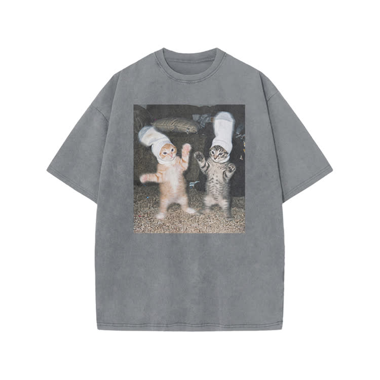 Vintage Photo Cute Twin Cat Graphic Print Acid Washed T-Shirt