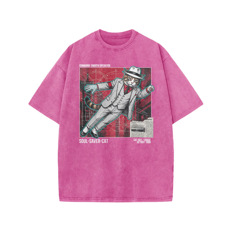 Vintage Soul Saver Cat Graphic Print Acid Washed T-shirt