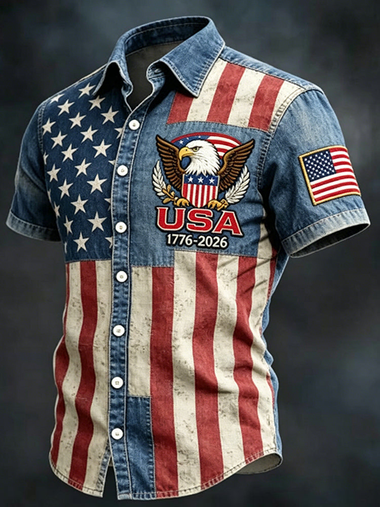Men's Flag Art Print Flowy Linen Blend Short Sleeve Shirt
