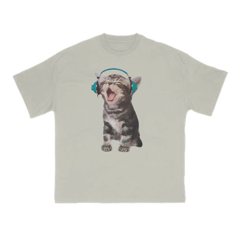 Funny Tabby Cat Wearing Headphones Print T-shirt