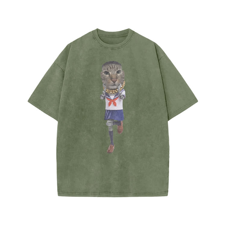 Playful Street Sailor Cat Graphic Print Acid Washed T-shirt