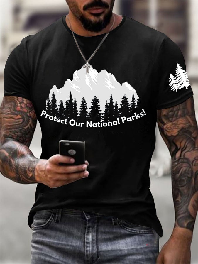 Men'S Retro Protect Our National Parks Printed Casual Crew Neck T-Shirt