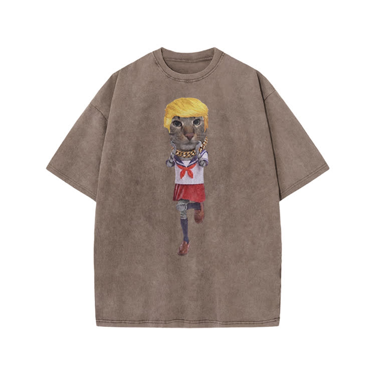 Playful Cartoon Cat Graphic Print Acid Washed T-shirt
