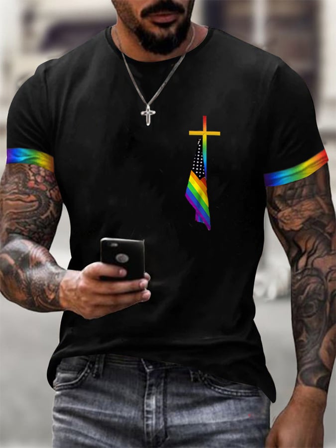 Men's Cross Flag Print Crew Neck T-Shirt