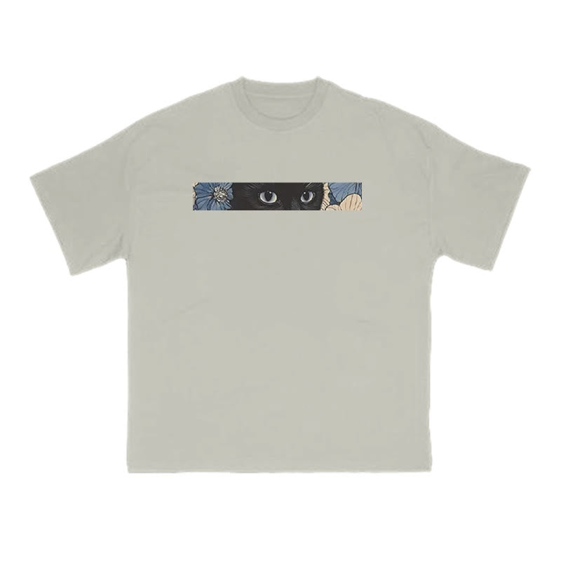 Black Cat In Flower Field Print T-shirt
