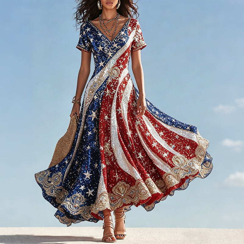 Retro Flag Design V-neck Short-sleeved Long Dress