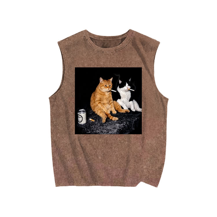 Vintage Smoking Cats Graphic Print Washed Tank Top