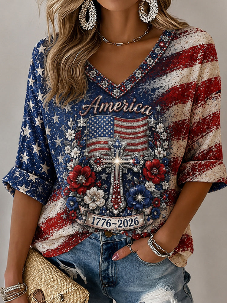 Women's Vintage Independence Day Flag Flower Art V-neck T-shirt