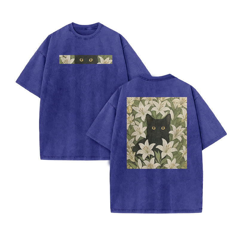 A Black Cat In A Field Of White Lilies Print Acid Washed T-shirt