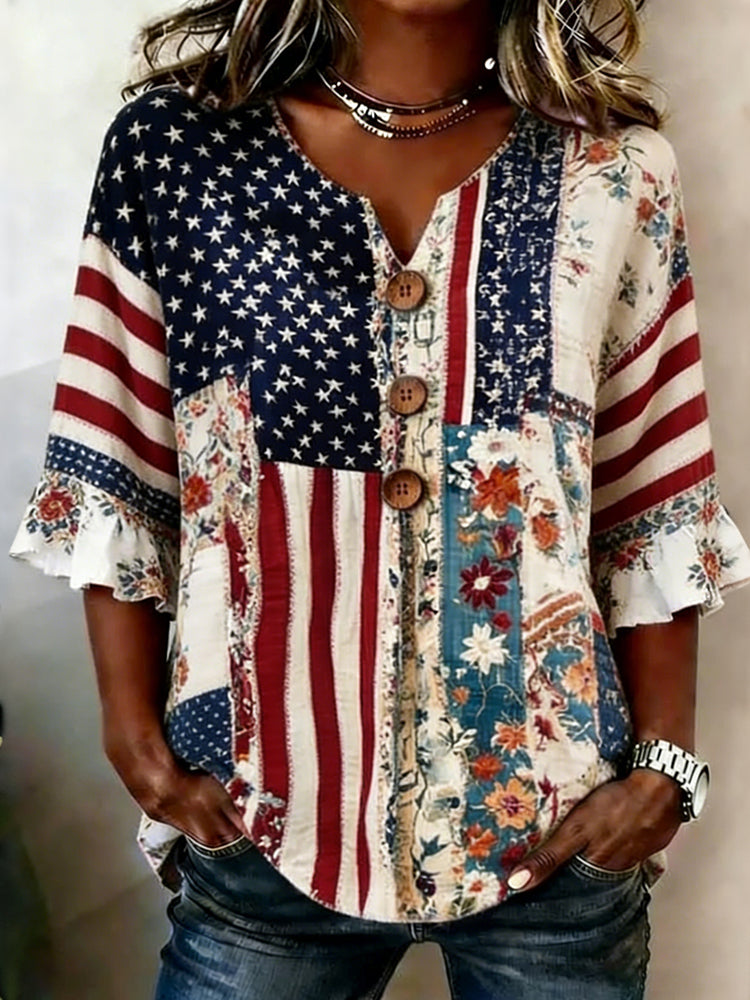 Women's Vintage Floral Flag Patchwork Art Print Tops
