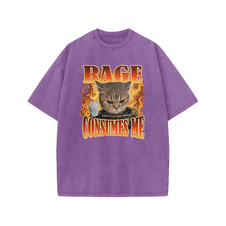 Vintage Washed Rage Consumes Me Cat Graphic Print Acid Washed T-shirt