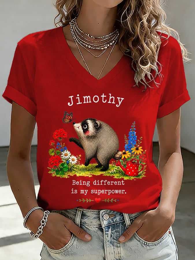 V-Neck Retro Jimothy Raccoon Being Different Is My Superpower Print T-Shirt
