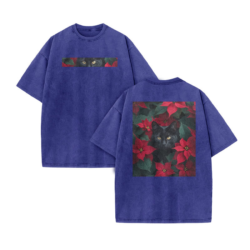 A Black Cat In A Field Of Christmas Flowers Print Acid Washed T-shirt