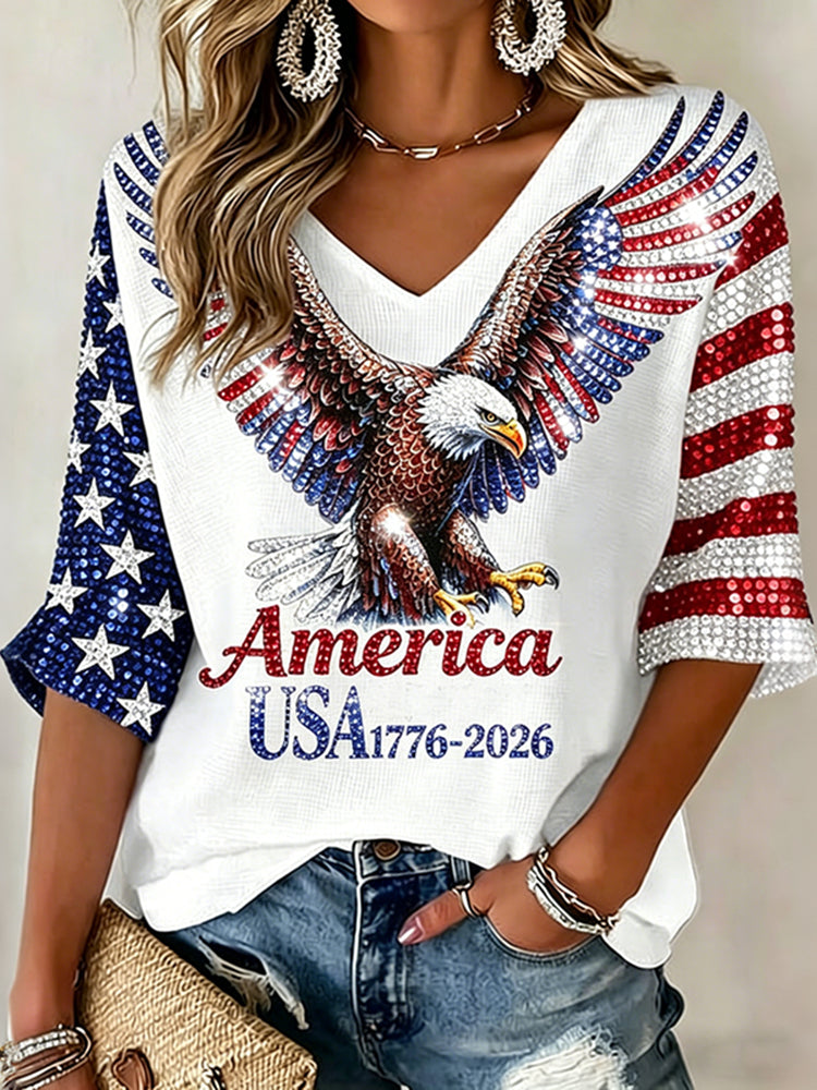 Women's Retro Independence Day Eagle Three-quarter Sleeve V Neck Linen Tops