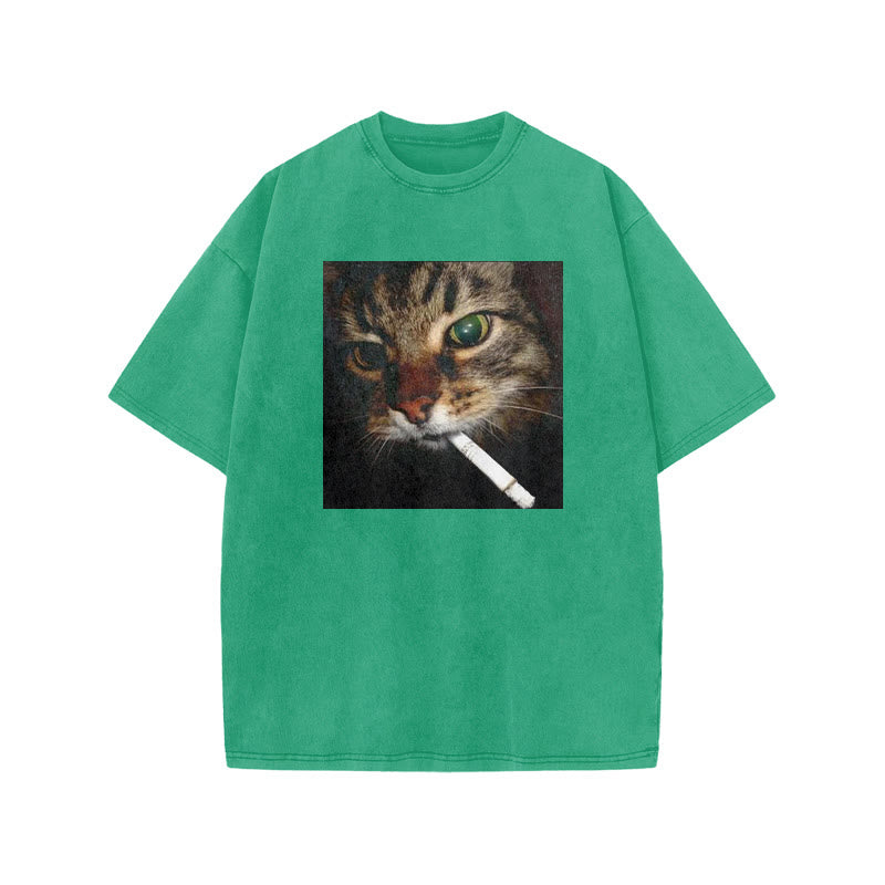 Unisex Cat With Cigarette In Mouth Print Acid Washed T-shirt