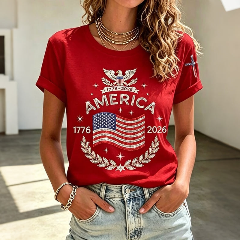 Women's Anniversary Flag Hot Diamond Print Casual T-shirt