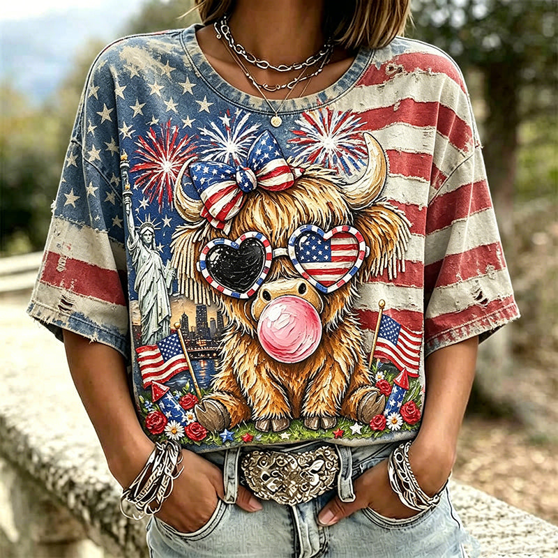 Women's Retro Independence Day Flag Highland Bull Patchwork T-shirt